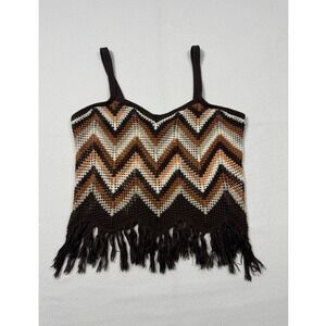 Retro 70s Style Almost Famous Crochet Knit Tank Women Medium Brown Zigzag Fringe